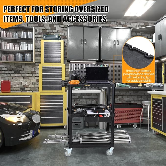 ELAFROS Heavy Duty Utility Cart, 27.5 x 18.25 Inch, 3-Tier Rolling Cart, Industrial Plastic, 330 lbs Capacity, Flat Top Shelves with Swivel Wheels - Multipurpose Work Cart