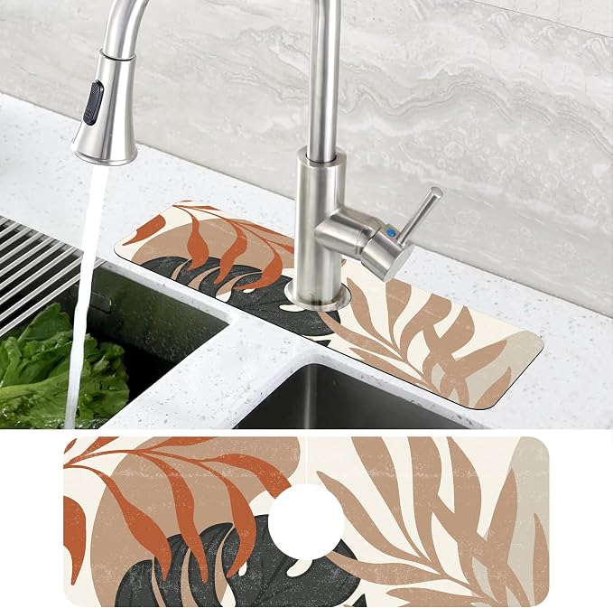 Mid Century Boho Leaves Kitchen Sink Splash Guard Absorbent Fast Drying Mat - Image 4
