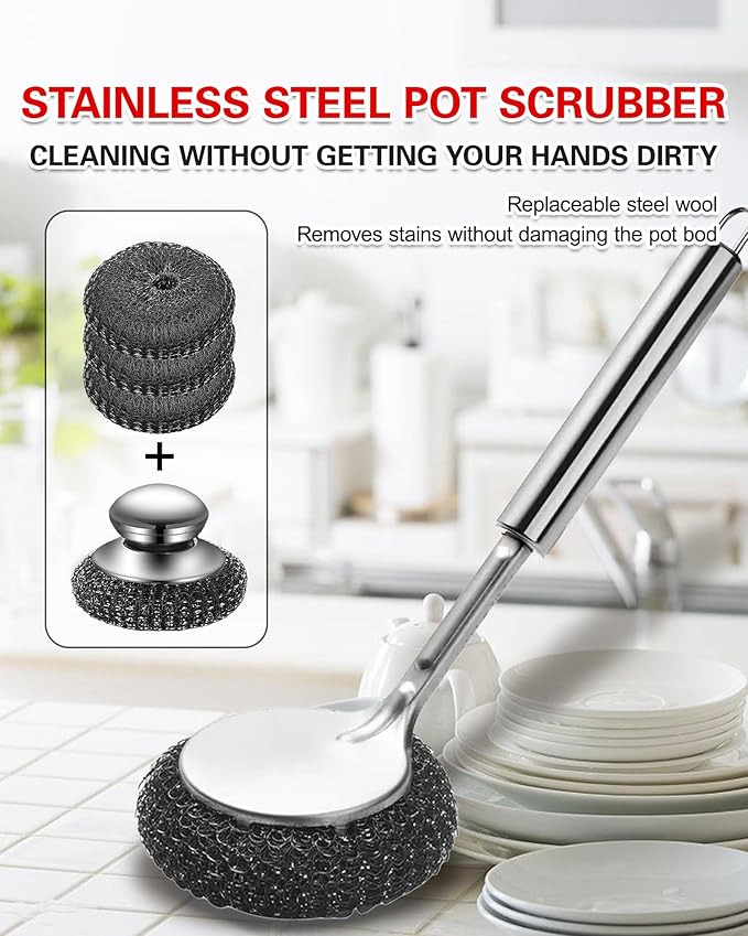 5Pcs Steel Wool Scrubber, Stainless Steel Scrubber Set with Long & Short Handle & 3Pcs Pads, Metal Scrubbers for Cleaning Kitchen,Household,Dishes,Wash Sink,Pots,Pans,Cast Iron,Grills,Stoves