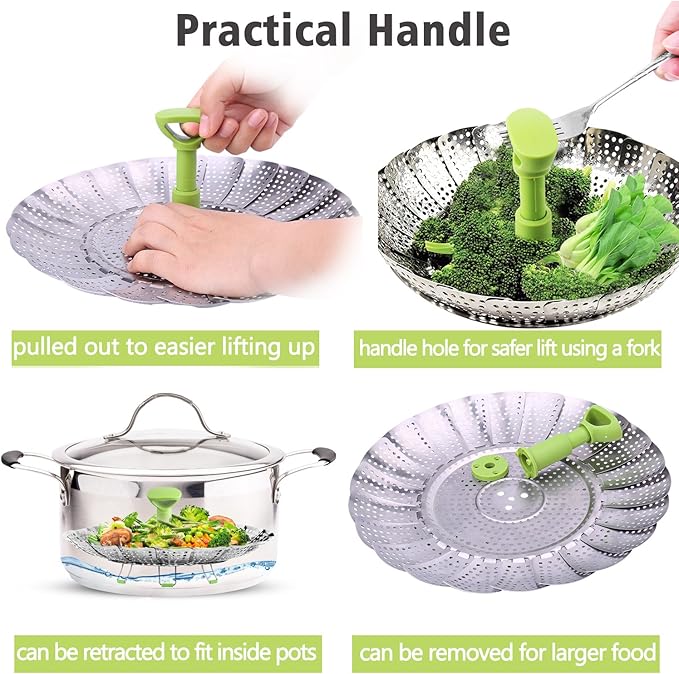 Consevisen Vegetable Steamer Basket for Cooking Food, Stainless Steel Veggie Steam Basket for Pot, Folding Expandable Steaming Insert with Extendable Handle Fits Various Size Pot, 7.1" to 11"