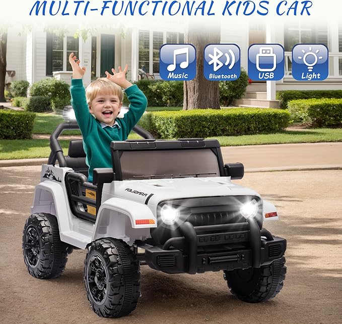 Ride on Truck Car, 12V Kids' Electric Vehicles W/Parents Control, Ride on Toys for Toddlers with Music, Bluetooth, Four-Wheels Suspension, USB, Headlights, White