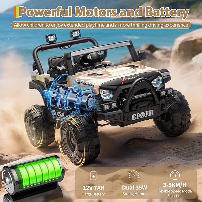 12V Kids Ride on Car, Electric Ride on Truck w/Parent Remote, Spring Suspension, Bluetooth Music, LED Light, 4.1Mph Max Speed, 3 Speeds, Battery Powered Vehicles for Kids Toddler Age 3-8, Khaki