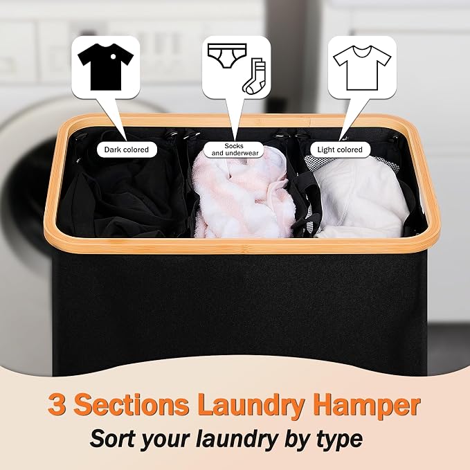 efluky Laundry Hamper with Lid, Trio Laundry Basket with 2 Removable Bags - Image 4