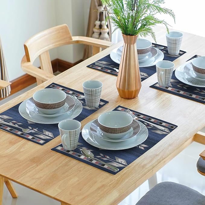Giwawa Southwestern Placemats Set of 4, Navy Blue Grey Ethnic Tribal Geometric Decorative Place Mat, 12"x18" Native American Heat Resistant Table Mats for Dining Kitchen Party