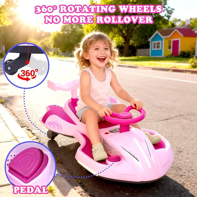 12V Electric Wiggle Car with Pedal, Ride On Car Toy for Kids from Ages 3 and Up, Anti-Rollover, Flashing Wheels, Bluetooth,Tailpipes Jet Effect,Birthday Gifts for Boys and Girls(Lilac+Rose)