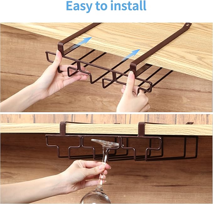 Wine Glass Rack Under Cabinet Drilling Free No Screw Steamware Holder Under Shelf Metal Wine Glasses Holders 304 Stainless Steel Hanger Storage Organizer Hanging Glass Fit for Bar Kitchen 2 Rows Brown