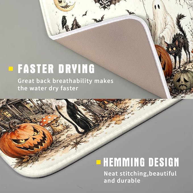 Giwawa Halloween Pumpkin Ghost Dish Drying Mat Black Cat Microfiber Dishes Pad - Image 3