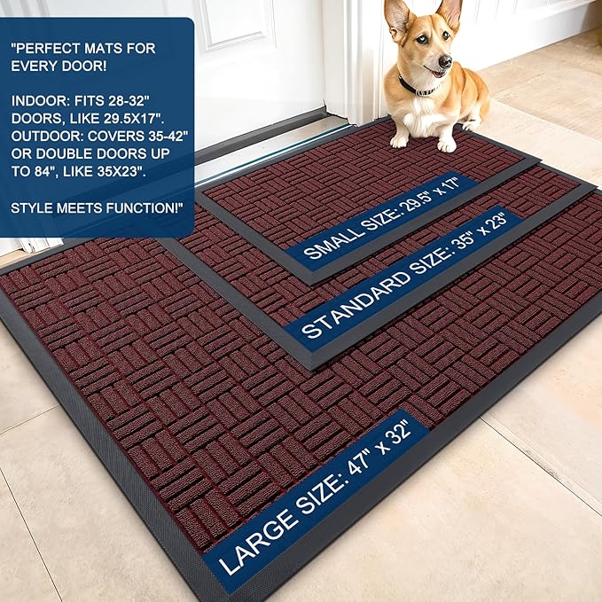 OLANLY Front Door Mat Outside Entrance 35x23, Absorbent, Heavy Duty Sturdy Natural Rubber Doormat Indoor Outdoor, Non-Slip, Stain and Fade Resistant, Low Profile Floor Mat for Entryway, Burgundy