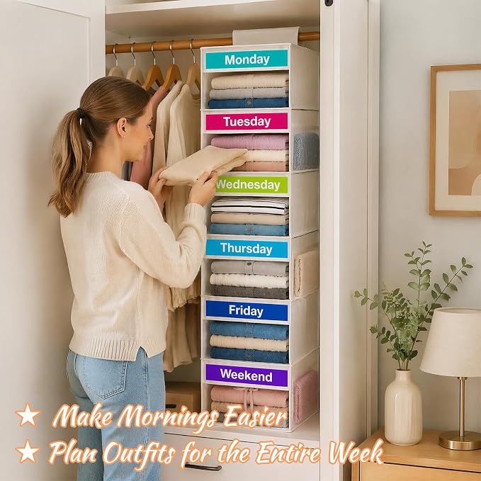 Weekly Clothes Organizer for Closet, 6-Shelf Hanging Closet Organizer - Image 6
