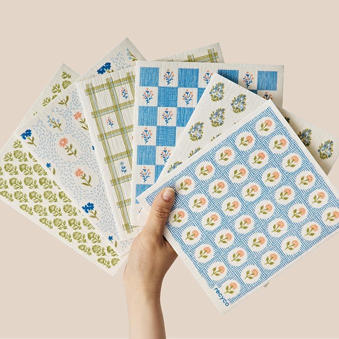 RECYCO Swedish Dishcloths for Kitchen | 6 Packs Bloom Tiles Washable Dish Rags by RECYCOHOMECOLLECTION