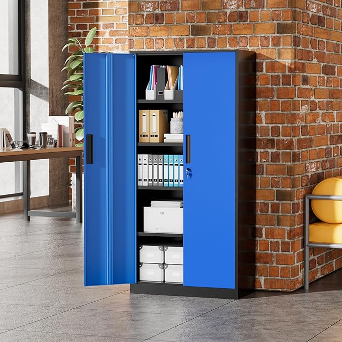 Greenvelly Metal Garage Storage Cabinet with 2 Doors and 4 Adjustable Shelves, 72" H Lockable Storage Cabinet,Tall Metal Cabinet Locking File Cabinet for Office,Home, Garage, Gym, School