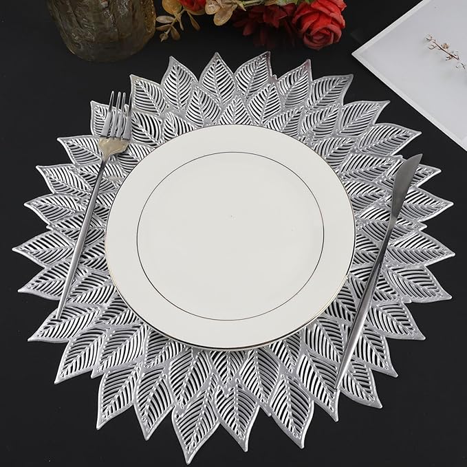 Placemats Set of 4, Round Hollow Out Flowers Place Mats for Dining Table Pressed Vinyl Blooming Leaf Table Mats for Holiday Party Wedding Accent Centerpiece Dinner Table Decoration (Silver)