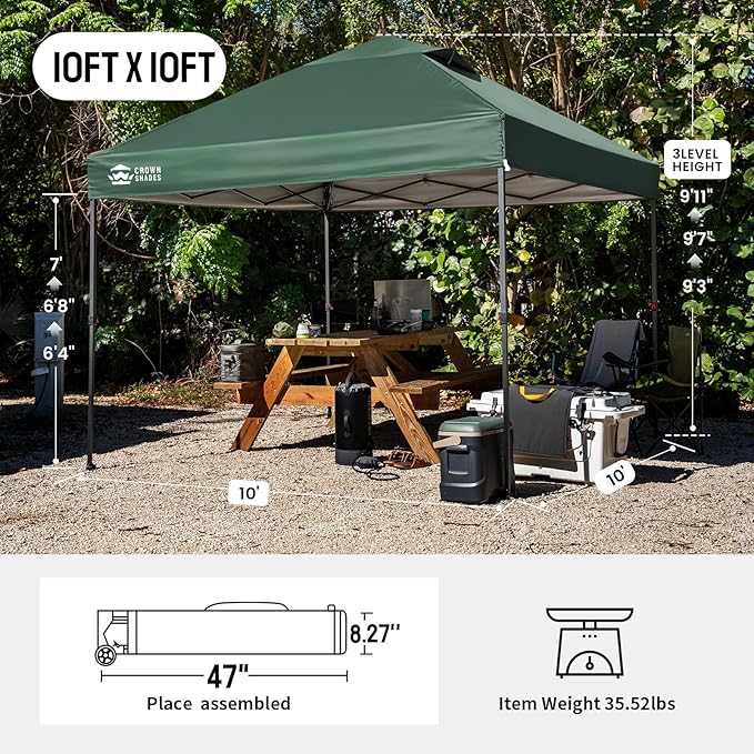 CROWN SHADES 10x10 Pop Up Canopy - Patented Center Lock One Push Instant Outdoor Canopy Beach Tent with STO-N-Go Bag 8 Stakes & 4 Sand Bags，Forest Green