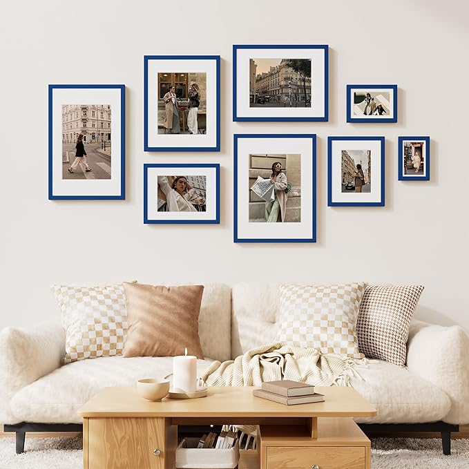 Vittanly 11x14 Picture Frame Set of 2, Solid Wood Frame for Wall Art Photo and Prints, Display Photo 8x10 with Mat or 11x14 without Mat, Royal Blue