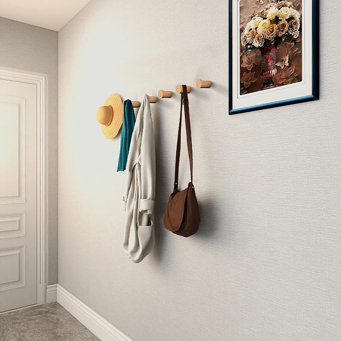 bsdonte 12 Pack Wood Wall Hooks, Natural Wooden Coat Hooks Wall Mounted - Image 3
