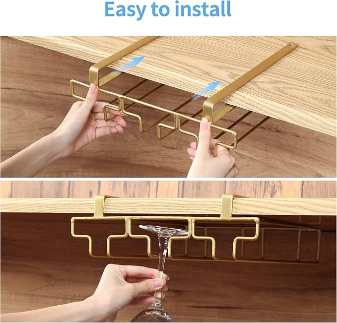 Wine Glass Rack Under Cabinet, Drilling Free No Screw Steamware Holder Under Shelf Metal Wine Glasses Holders 304 Stainless Steel Hanger Storage Organizer Hanging Glass Fit for Bar Kitchen 4 Rows Gold