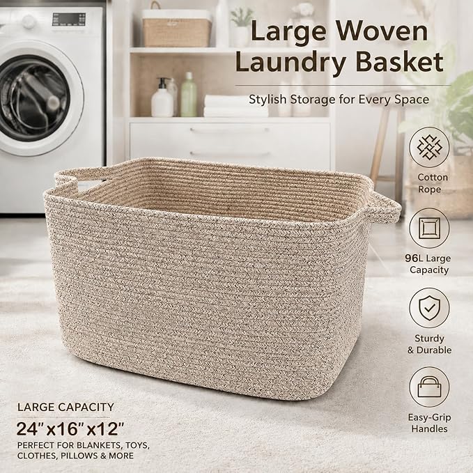 96L Woven Laundry Basket with Handles, Extra Blanket Basket - Image 4