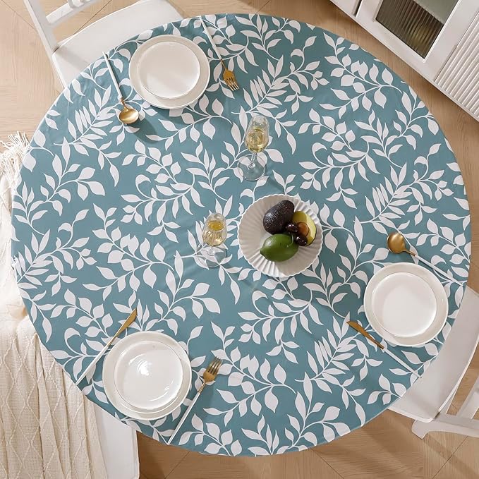 Walrus Round Vinyl Fitted Tablecloth with Flannel Backing Elastic Edge Design Table Cover Waterproof Oil-Proof PVC Table Cloth Stain-Resistant Best for 57"-66" Round