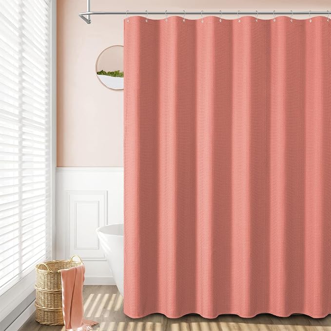 Dynamene Waffle Shower Curtain 256 GSM Heavy Duty Fabric 72"x72" Coral - Image 6