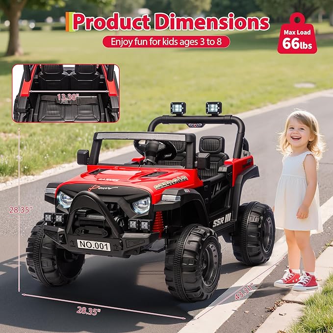 12V Kids Ride on Car, Electric Ride on Truck w/Parent Remote, Spring Suspension, Bluetooth Music, LED Light, 4.1Mph Max Speed, 3 Speeds, Battery Powered Vehicles for Kids Toddler Age 3-8, Red