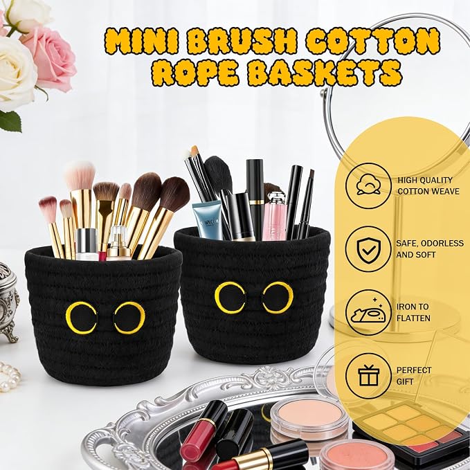 2 Pack Black Cat Makeup Brush Holder-Cute Cat Oval Mini Woven Basket - Image 3
