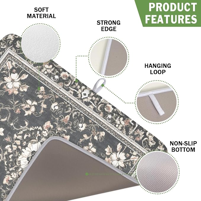 Giwawa Boho Floral Dish Drying Mat Grey Leaves Dishes Drainer Pad 16x18 Inch - Image 3