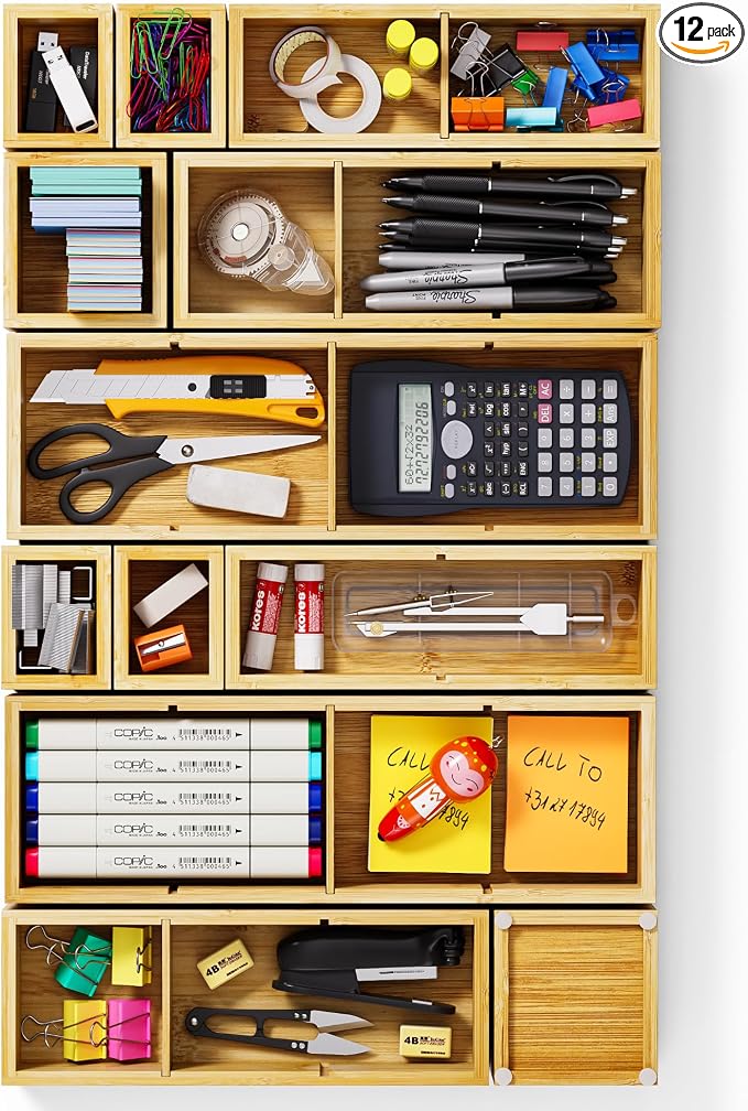 12-Piece Bamboo Drawer Organizer Set, 24 Compartments Modular Storage | Natural by VA1KENE