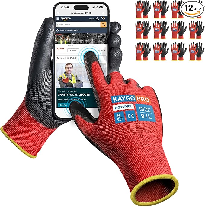 KAYGO Safety Work Gloves PU Coated for Men and Women- KG11P,12 Pairs,Seamless Knit Glove with Two Fingers Touchscreen,Ideal for General Duty Work (Red,L)