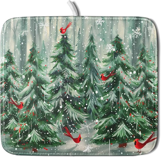 Winter Pine Tree Dish Drying Mat Red Bird Berry Dishes Drainer Mats Absorbent by Giwawa