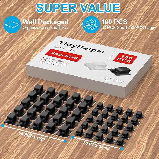 TidyHelper 100 PCS Adhesive Cable Clips Black, Small & Large | Wire Holder - Image 2