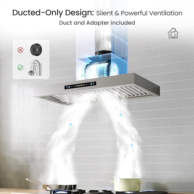 IKTCH 30 inch Wall Mount Range Hood, 900 CFM Ducted Range Hood with 4 Speed Fan, Durable Stainless Steel with Gesture Sensing & Touch Control IKP01-30