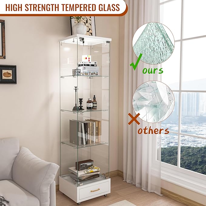 Yoluckea 4 Tiers Glass Display Cabinet with LED Lighting and Drawer, 1 Door Floor Standing Curio Cabinet with Wheel for Home, Office, Corner Display, White Glass Bookshelf for Collections and Decor