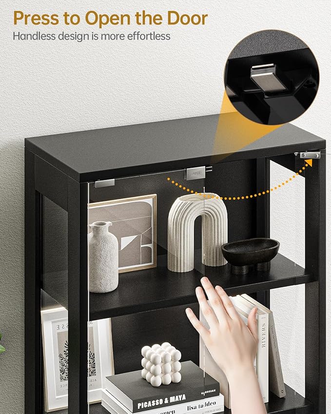 Glass Display Cabinet, 65" Tall Display Case with RGB Lights Curio Cabinet with Glass Doors 4-Tier LED Storage Cabinet with Human Body Sensor & Press-To-Open for Collectibles Book Figure (Black)