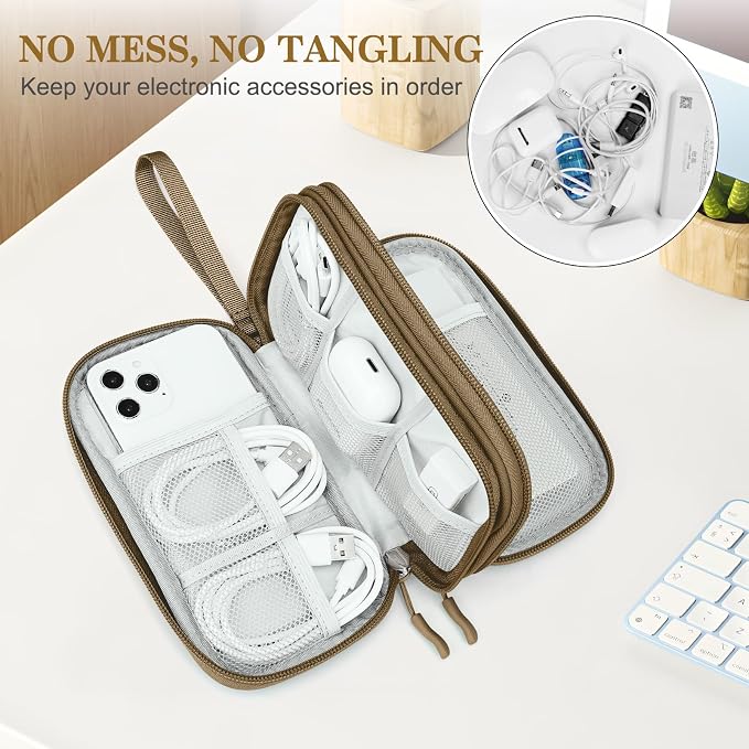 FYY Electronic Organizer, Travel Tech Pouch Bag, Cable Organizer Brown | Wrist - Image 5