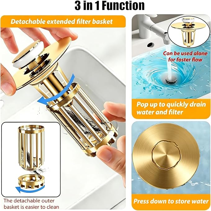 Anlige 3 in 1 Pop Up Bathroom Sink Stopper, Bathroom Sink Drain Strainer - Image 3