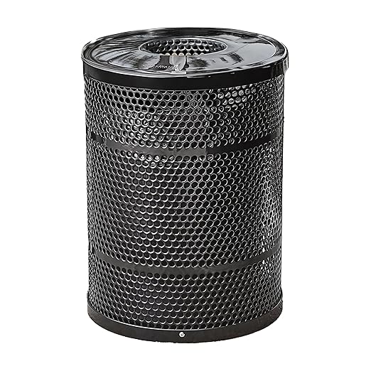 32 Gallon Perforated Recycle Container with Flat Lid, Steel Outdoor Heavy-Duty Commercial Trash Can, Black Round Waste Bin, Durable Garbage Can for Municipalities, Schools, Parks, Parking