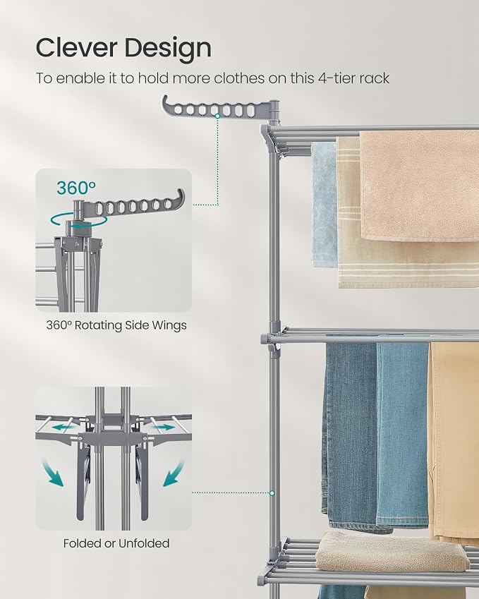 SONGMICS Clothes Drying Rack 4-Tier, Foldable Laundry Rack, Steel | Indoor - Image 6