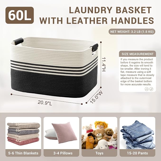 60L Woven Laundry Basket Hamper - Image 2