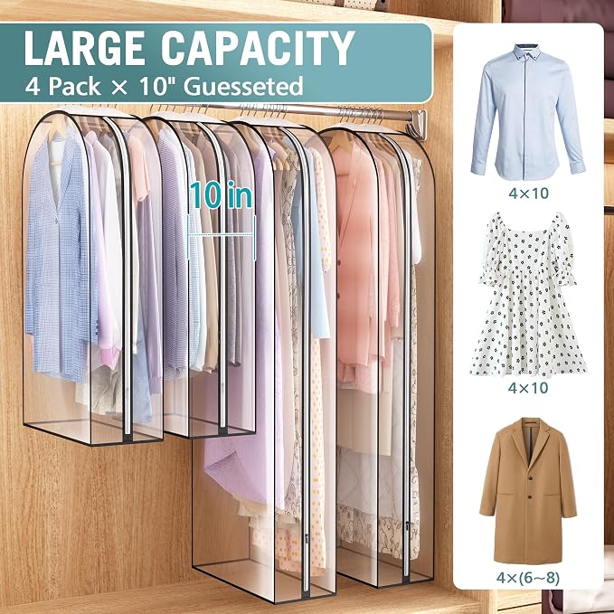 Liuoud Clear Garment Bags for Hanging Clothes 10” Gusseted, 4 Pack, 40”&60” | - Image 2