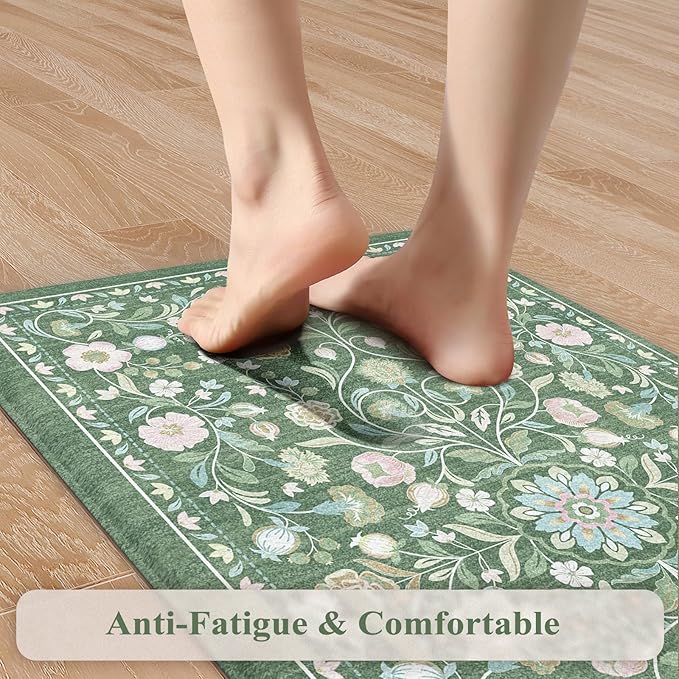 KIMODE Comfort Kitchen Mats for Floor Cushioned Anti Fatigue,Farmhouse Floral Spring Kitchen Rugs Sets of 2 Non Slip,Memory Foam Standing Carpet for Laundry Sink Office,Green
