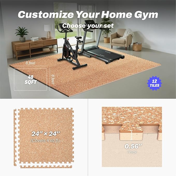 AIRHOP 0.56in Thick 48 Sq Ft Exercise Equipment Mats, 12 Tiles Upgraded Rubber Top with High Density EVA Foam, Large Interlocking Puzzle Gym Flooring for Home Gym, Heavy Weight Workout, 24 x 24in