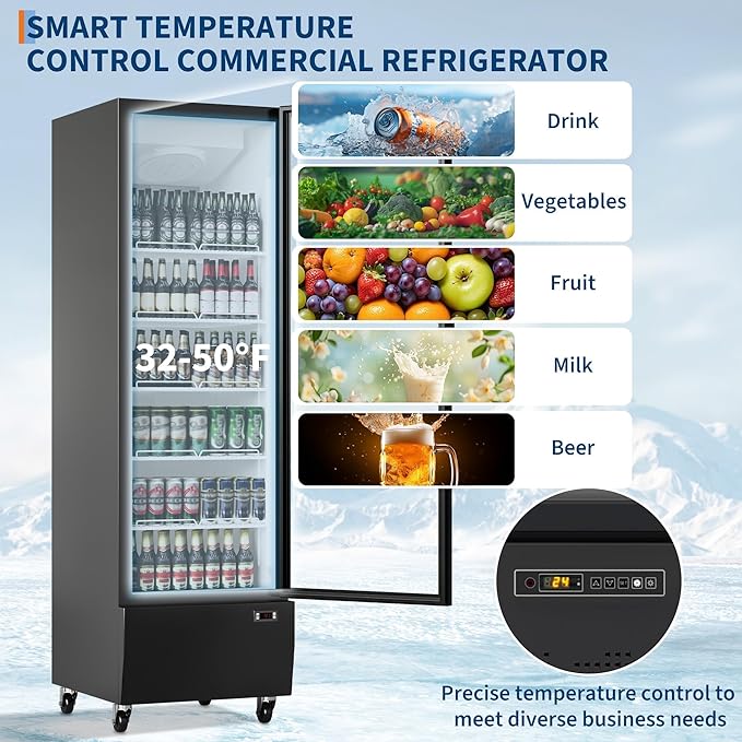PeakPursuit Commercial Refrigerator 17.7 Cu.ft Beverage Cooler, Glass Door Display Fridge with 5 Adjustable Shelves, Large Capacity Bar Fridge for Restaurant, Store, Upright Freezer for Home, Black