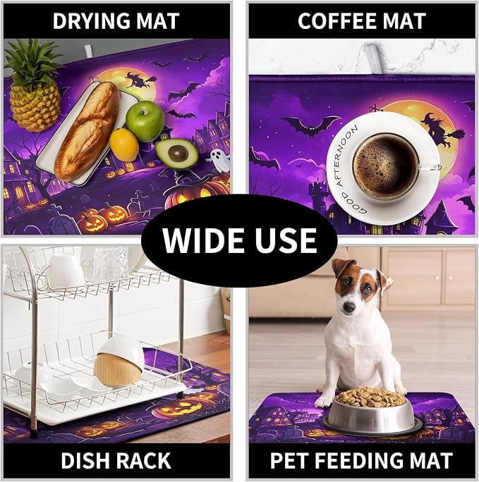 Halloween Dish Drying Mat for Kitchen Counter Witch Castle Bats Ghost Purple - Image 7