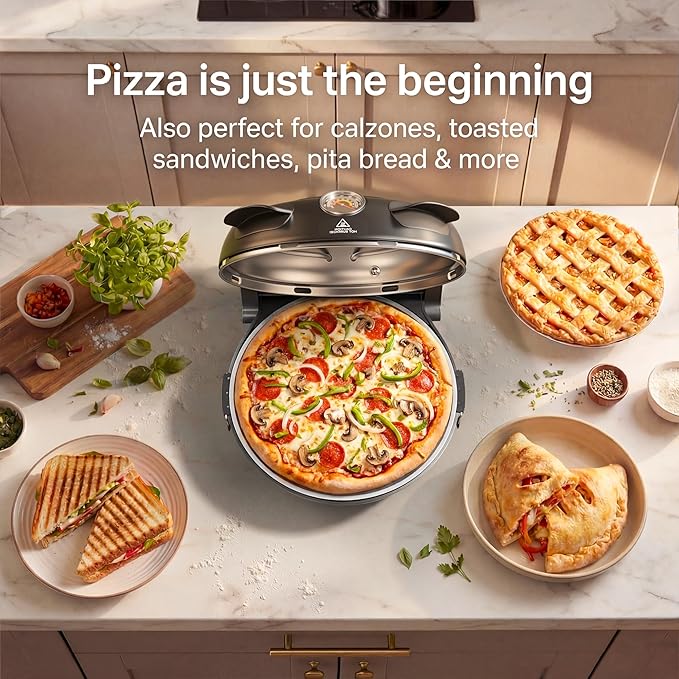 12-Inch CrustyBake Beginner's Black Glazed Stone Pizza Oven: Quick 800°F Heating, Easy-Clean Design, Recipe Book & All Tools Included - Perfect for First-Time Pizza Makers at Home