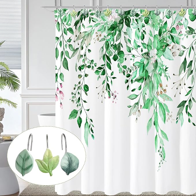 Green Plant Leaf Shower Curtain Hooks, Eucalyptus Bathroom Decor, Metal - Image 4