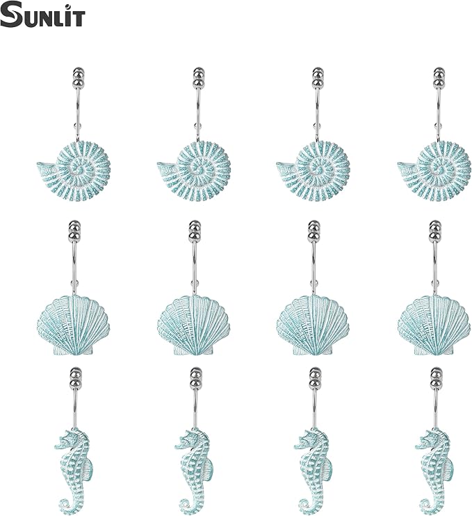 Sunlit Seashells Decorative Double Shower Curtain Hooks, Aqua Blue Ocean - Image 3