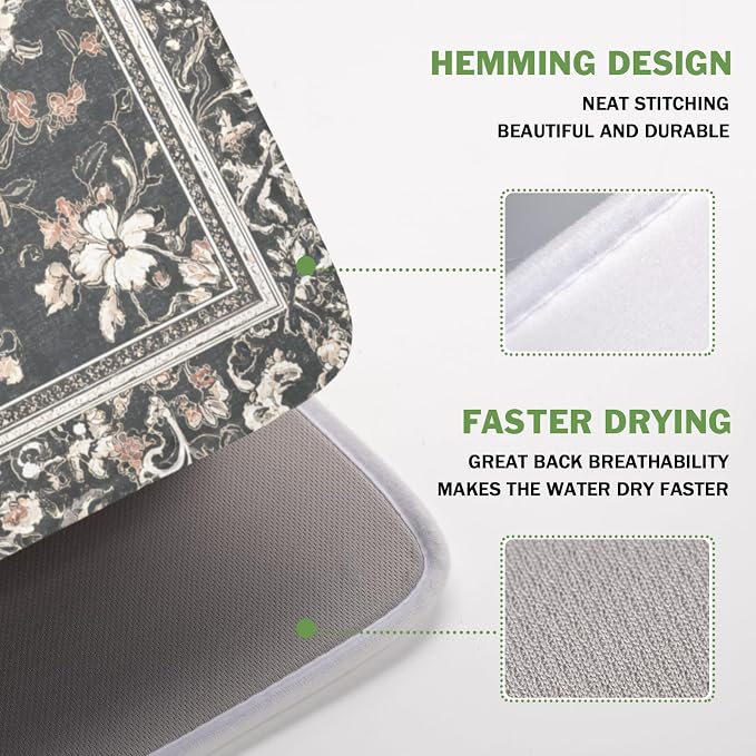 Giwawa Boho Floral Dish Drying Mat Grey Leaves Dishes Drainer Pad 16x18 Inch - Image 4