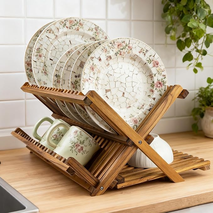 Utoplike Large Teak Dish Drying Rack, Wood Collapsible Organizer - Image 6