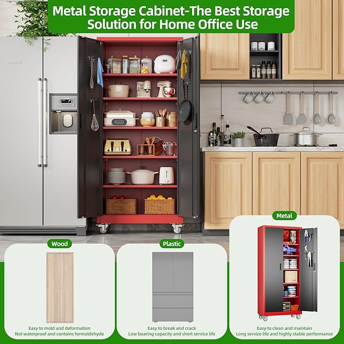 Aobabo Metal Garage Storage Cabinets with Wheels,Steel Cabinets with 5 Adjustable Shelves for Garage Home Office Storage, Red-Black,Assembly Required