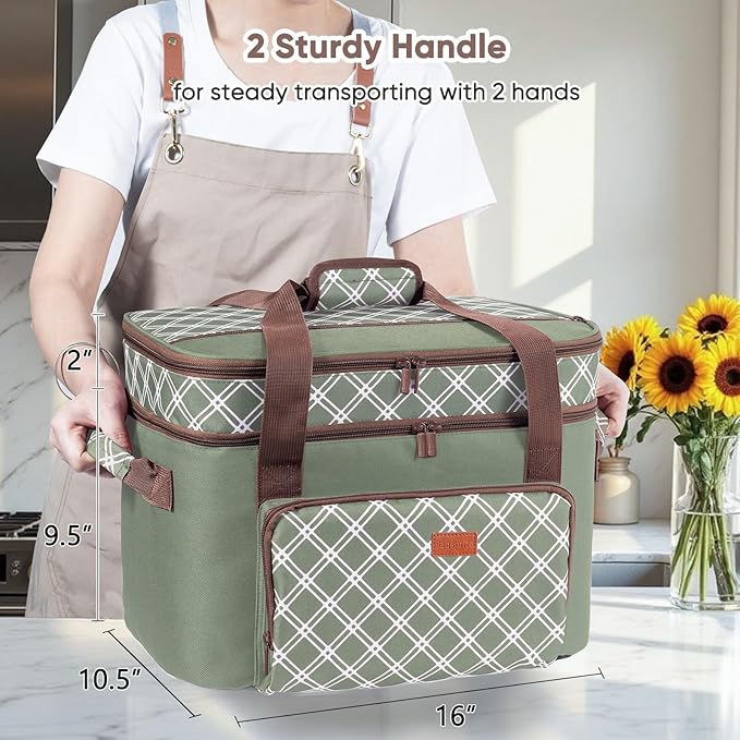 Double Layer Slow Cooker Carrier Bag for 6-8 Quart Oval CrockPot, Insulated Crock Pot Travel Bag with Top Zip Compartment and Front Pocket for Utensils